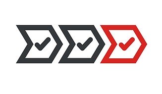 Zweifarbiges Icon mit einem schematisierten Prozess aus zwei grauen und einem roten Pfeilumriss mit Halen
