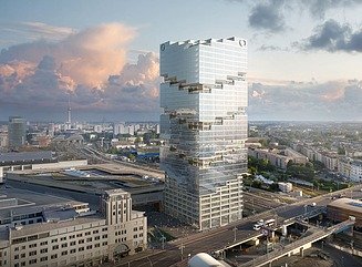 Højhus med aftrappet vinduesdesign og aftrappet øverste etage