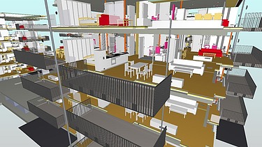 3D model of a multi-storey house with a view from the balcony of the apartments with schematized furnishings