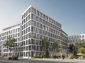 Kontorkompleks med vandret facadedesign, vinklede vindueselementer