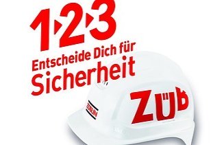 Weißer Helm mit Züblin-Logo, darüber der Text 1, 2, 3, Entscheide dich für Sicherheit