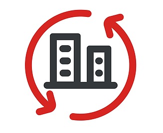 Icon Facility Management Tofarvet ikon med skematiserede bygninger som rektangler, omgivet af to cirkulære pile i retning mod uret