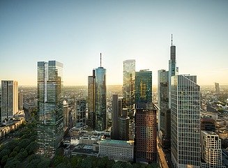 Two office towers, in the foreground street intersection with corner building