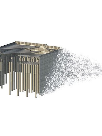 Computersimulation eines Gebäudes im Aufbau