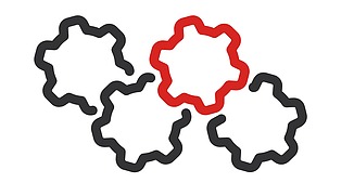 Two-tone icon with three gray and one red gearwheel that mesh together