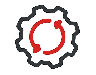 Icon Quality Assurance Zweifarbiges Icon mit zwei roten Pfeilen in einem grauen schematisierten Zahnrad, welche die Drehrichtung anzeigen