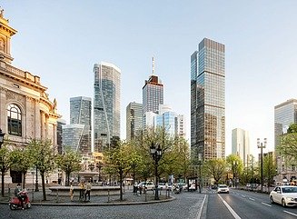 Two office towers, in the foreground street intersection with corner building