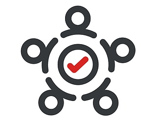 Koordinering af ikon-design Tofarvet ikon fem cirkelsymboler på en ydre cirkellinje omkring et cirkelsymbol med et rødt kryds