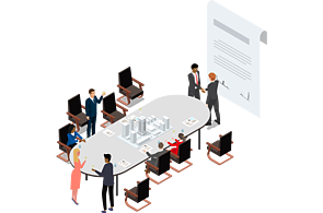 Infografik Menschen um einen ovalen Konferenztisch, die sich über ein 3-D-Modell unterhalten, Vertragsmodell  im Hintergrundim