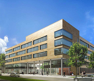 Eckhaus mit braunverkleideter Fassade, unten säulengetragenes Atrium