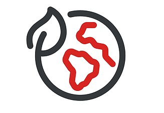 Icon CEE Zweifarbiges Icon, das eine schematisierte rote Darstellung von Kontinenten in eine teilweise offenen grauen Kreisreis zeigt, die Linie endet in einem Blatt
