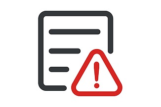 Icon Risk Management Two-color icon with a schematized text document on which a red triangular warning symbol with an exclamation mark is placed