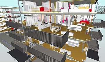 3D model of a multi-storey house with a view from the balcony of the apartments with schematized furnishings