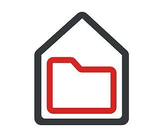 Zweifarbiges Icon, das ein rotes schematisiertes Dateisymbol in einer grauen Outline in Hausform zeigt