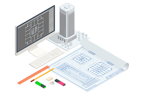 Prinzip Projektierung Infografik Bildschirmarbeitsplatz mit Plan, Stiften und 3-D-MOdell