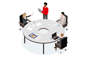 Infografik Vier Personen arbeiten an einem runden Tisch zusammen
