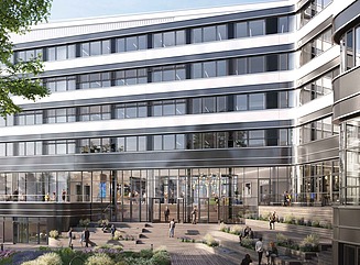 L-shaped office building with a façade structured horizontally by white window elements