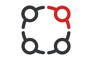Zweifarbiges Icon mit drei grauen und einem roten Kreiselement, die mit Ve Verbindungselementen zu einem Kreis verbunden werden