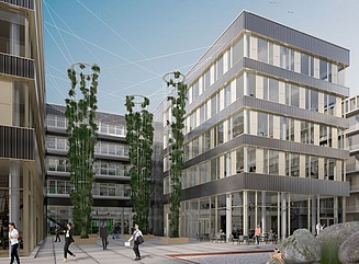 Hjørnebygning med vandret vinduesdesign, sort beklædning, byggehegn foran bygningen mærket Milestone