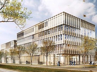 Kontorbygning med struktureret facade, høje smalle vinduer og indgangsparti med søjler