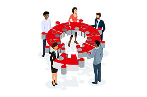 Principle 6 Team spirit Infographic with 5 people with a circle made up of puzzle pieces