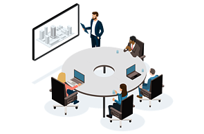 Principle 3 Planning Infographic People around a conference table, moderator presents plan
