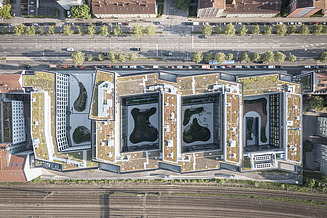 Bürokomplex mit horizontaler Fassadengestaltung, schräge Fensterelemente