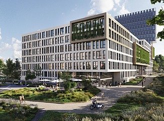 Office building in the background with paths and green space in the foreground