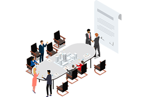 Principle 5 Contract models Infographic People around an oval conference table talking about a 3-D model, contract model in the backgroundim