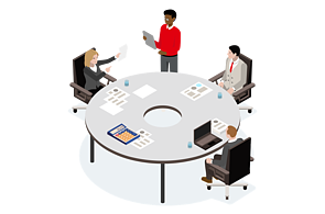 Principle 8 Construction costs Infographic Four people working together at a round table